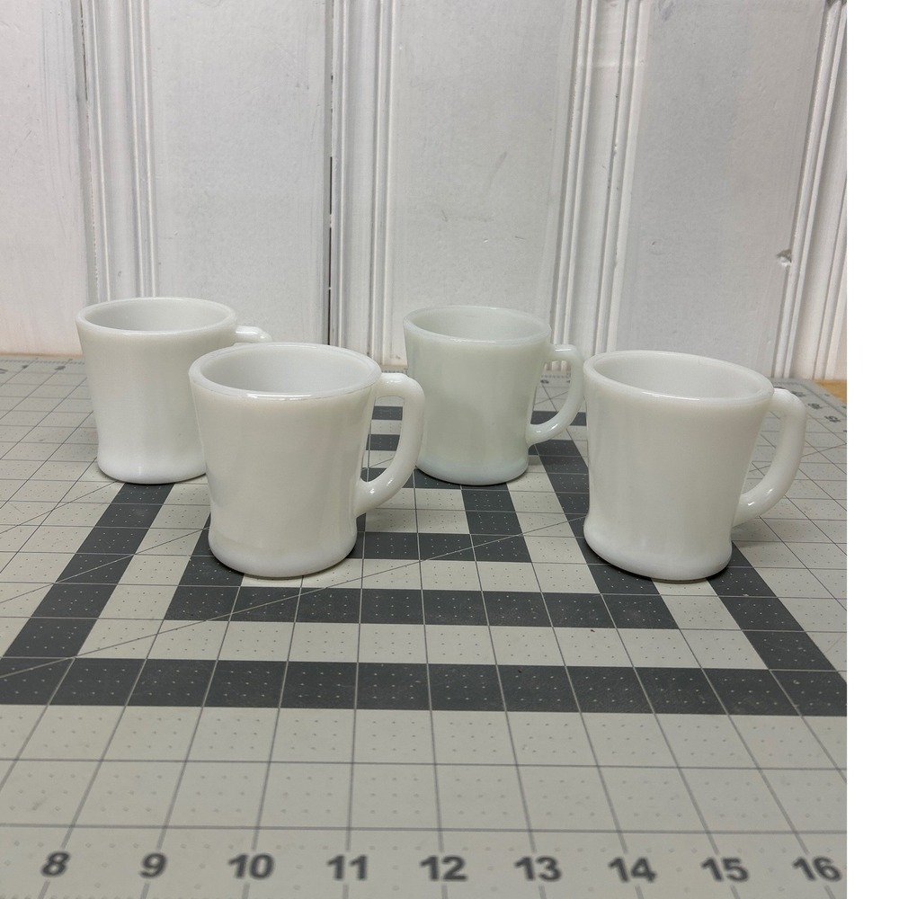 Fire-King D-Handle Mug Set of 4 White Milk Glass Vintage Coffee Cups MCM Diner